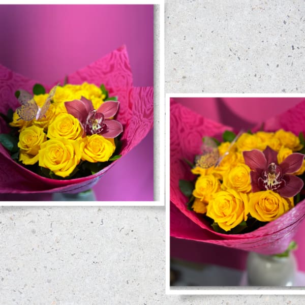 Bouquet of yellow roses and a burgundy orchid wrapped in bright pink textured paper with a butterfly pick.