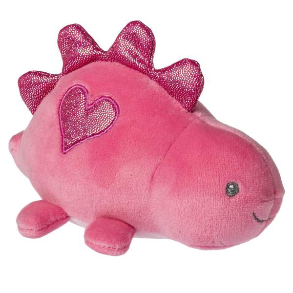 Small pink plush dinosaur with glittery heart and shiny back spikes
