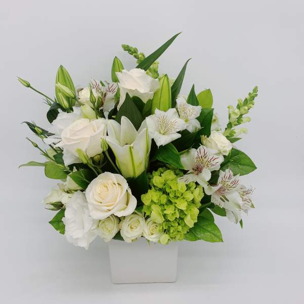 White and green arrangement of roses, lilies, hydrangea, and alstroemeria in a white square vase