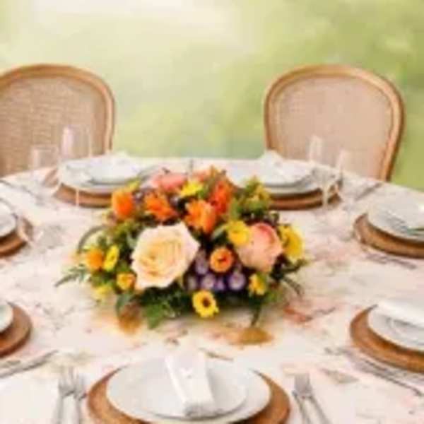 Low mixed flower centerpiece of peach roses and bright orange, yellow, and purple blooms on a round table