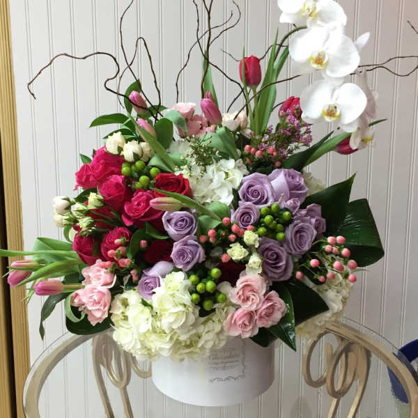 Pippa - phalaenopsis orchids, purple roses, spray roses, curly willow, tulips, hypericum berries and lush white hydrangeas