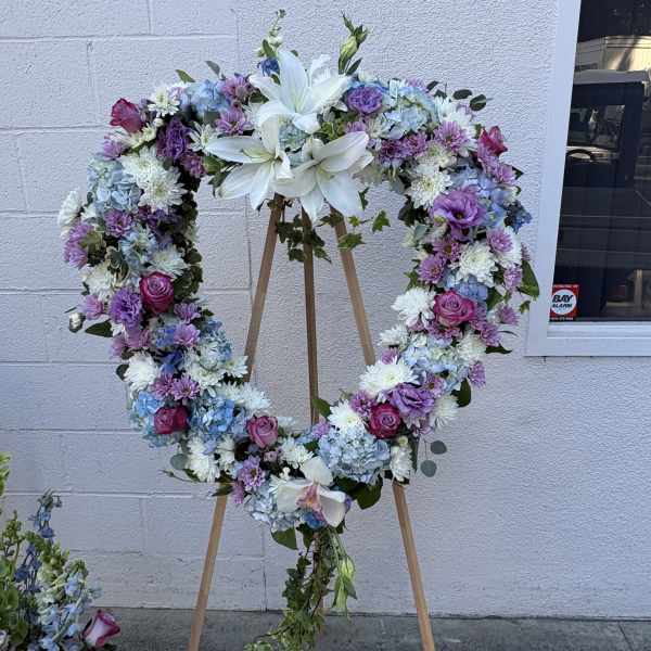 Blue and Lavender Heart-Shaped Sympathy Wreath Easle