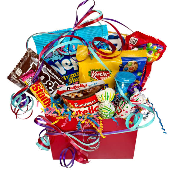 Bright red gift box filled with assorted candy packages and colorful curling ribbons.