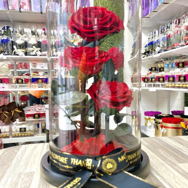 Red roses displayed under a glass dome on a black base with a ribbon, set on a wooden tabletop.