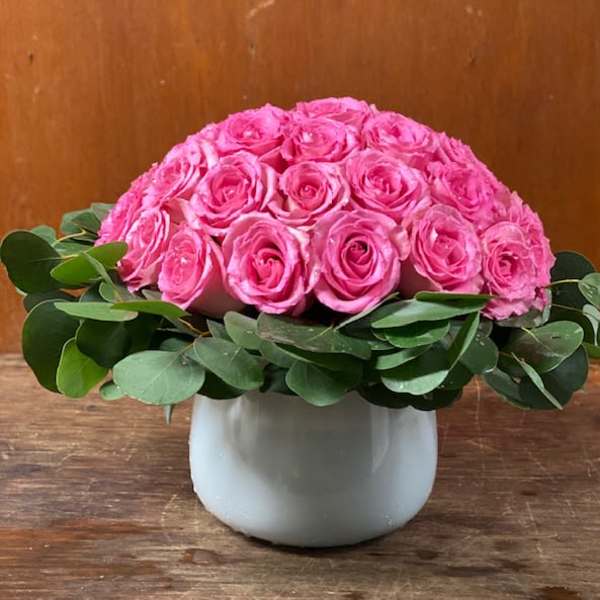 Low dome of bright pink roses with a ring of greenery in a white ceramic vase
