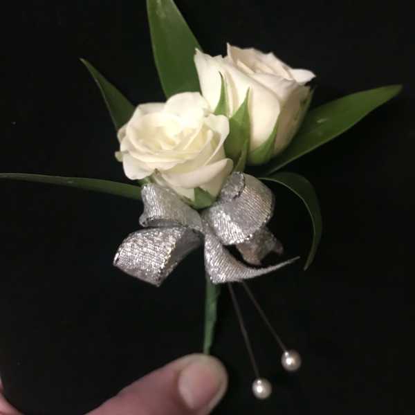 White Spray Rose Boutonniere With Silver Ribbon