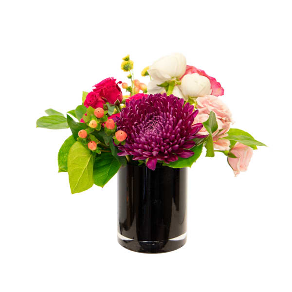 Compact arrangement with purple chrysanthemum, pink and white blooms in a black glass cylinder vase