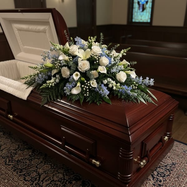 White and blue funeral casket spray with roses, lilies, and calla lilies on a dark wood casket