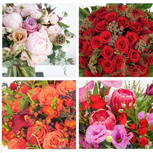 Collage of four colorful flower arrangements in pastel, red, orange, and pink tones.