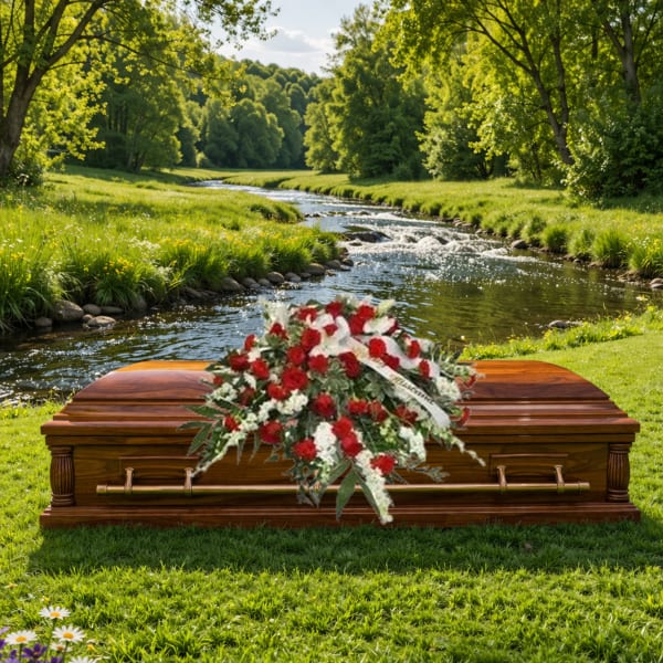 Red and white funeral spray on a wooden casket beside a river in a green meadow.