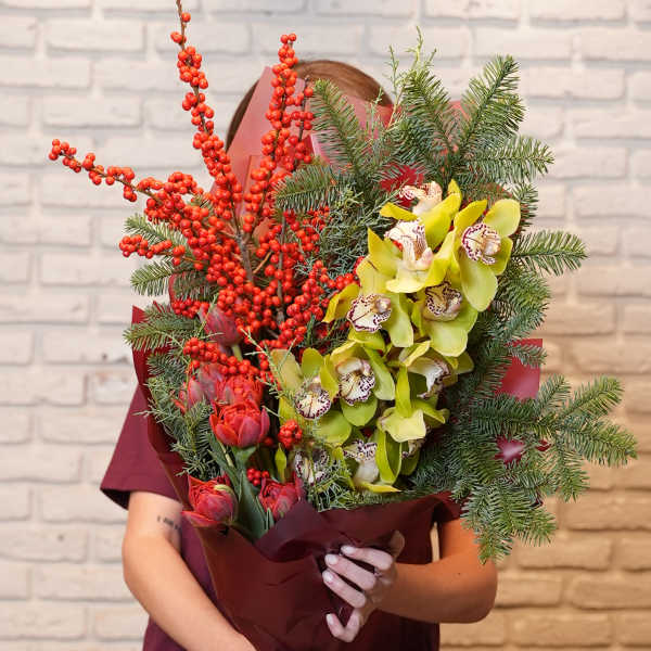 №103 Winter Elegance Bouquet: Orchids, Tulips, Berries, and Evergreen Bliss