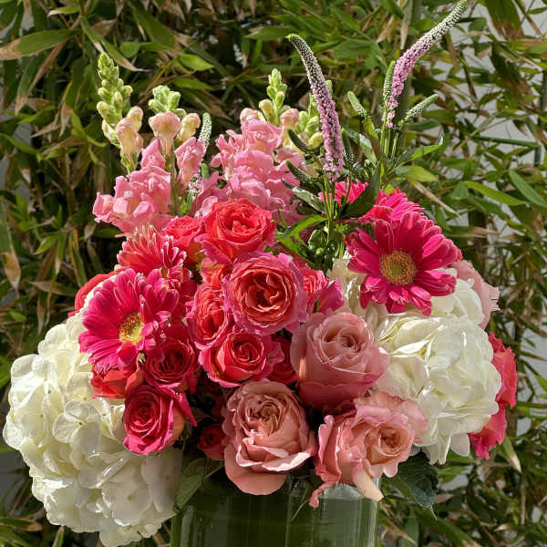 Pink roses and gerbera daisies in a clear glass vase with white hydrangeas
