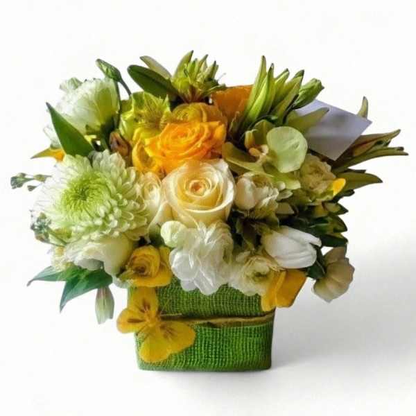 Compact yellow and white flower arrangement with roses in a green fabric-wrapped cube vase
