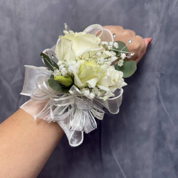White rose lisianthus corsage