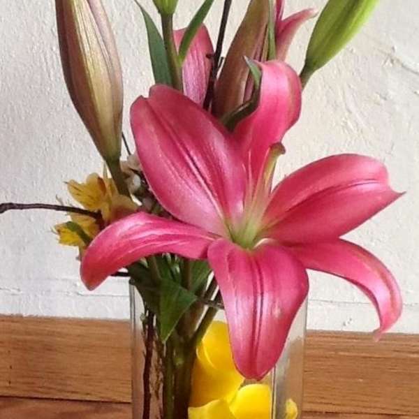Pink lilies in a clear rectangular vase with yellow petals inside