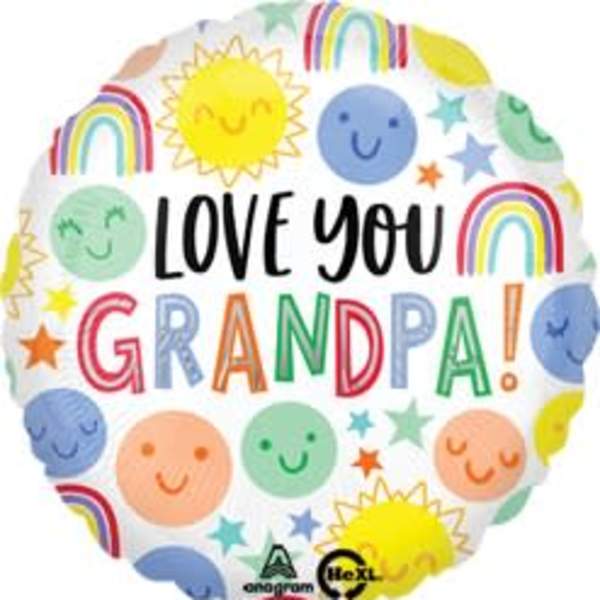 Heart-shaped balloon with "Love You Grandpa" and colorful smiley faces