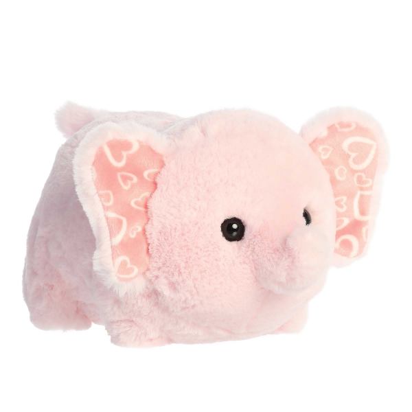 Pink plush elephant with heart-patterned ears