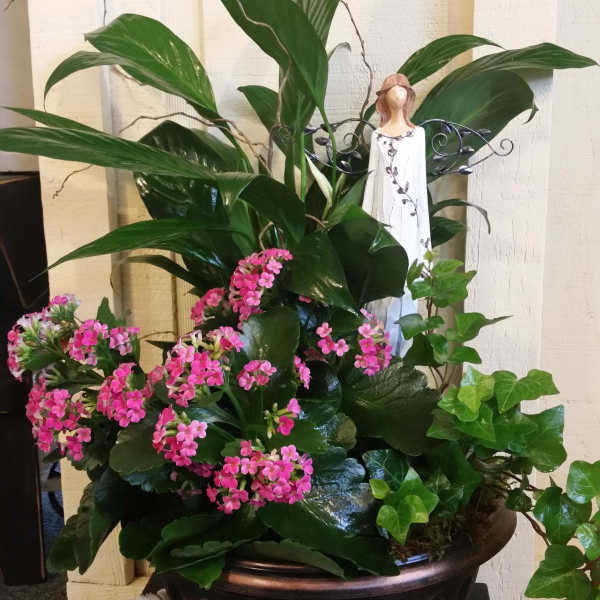Potted green plant with pink flowers and a small angel figurine