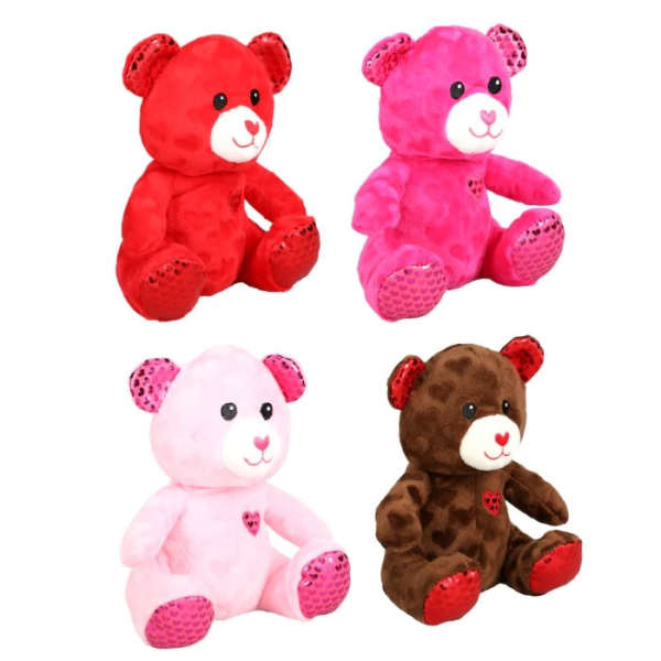 Set of four plush teddy bears in red, hot pink, light pink, and brown with heart accents.