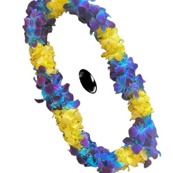 Tropical lei of blue and purple orchids mixed with yellow blooms in a circular garland