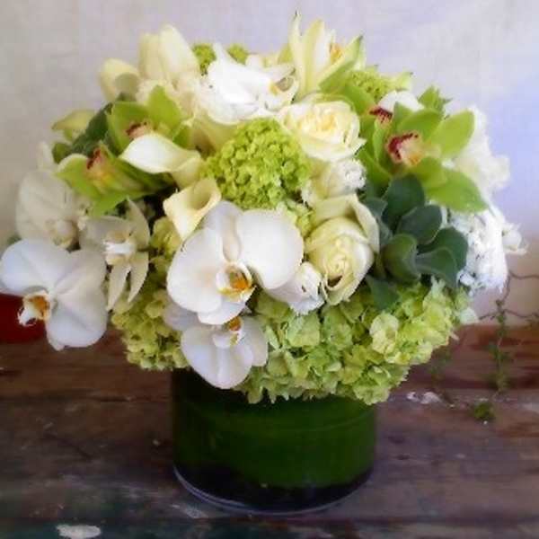 White orchids and green hydrangeas arranged in a green vase