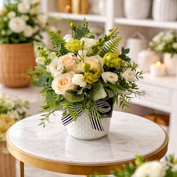 Cream and pale yellow roses in a white dotted pot with a striped ribbon.