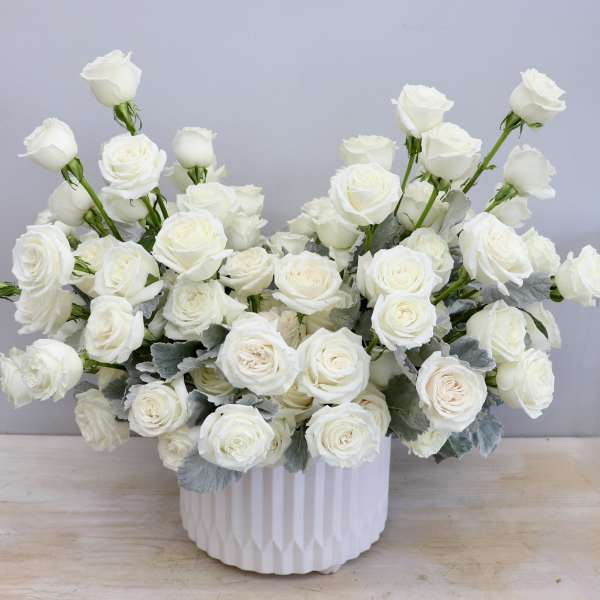 Low arrangement of white roses in a white ceramic container.