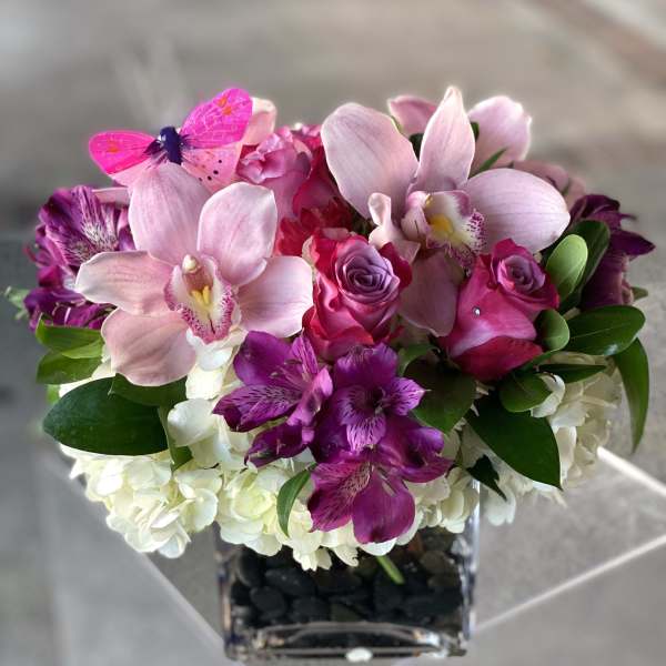 Pink orchids and roses arranged in a square glass vase