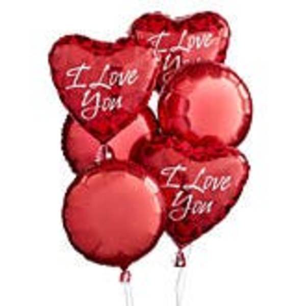 Cluster of red heart-shaped balloons with "I Love You" text