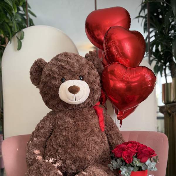 Benito the Bear with Roses and Balloons