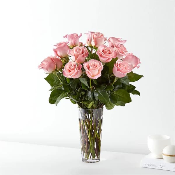 Tall glass vase with a dozen light pink roses on a white surface