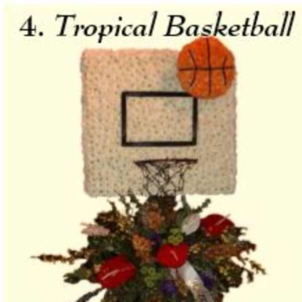 Basketball hoop with a floral arrangement at the base