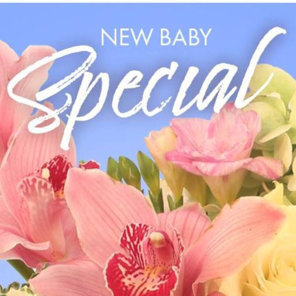 Pink and yellow flowers around a "New Baby Special" message