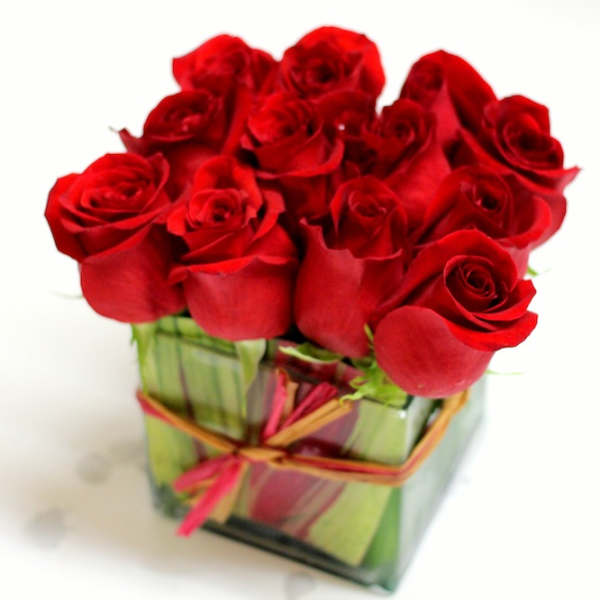 Red roses arranged in a square glass vase with a ribbon tie