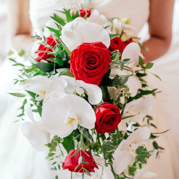 Timeless Cascading Red and White Bridal Bouquet