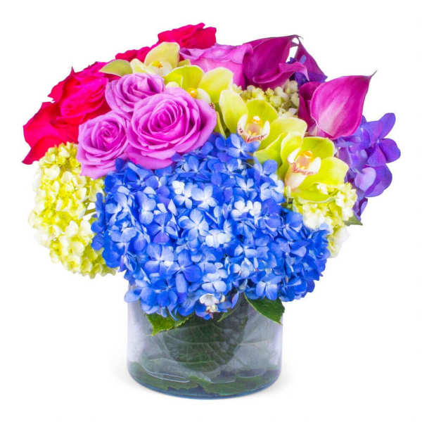 Bright mixed arrangement of blue hydrangeas, pink roses, orchids, and calla lilies in a clear glass vase