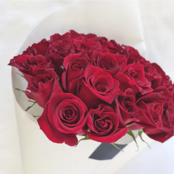 One dozen red roses wrapped in a organic white kraft paper