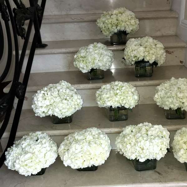 Multiple white hydrangea arrangements in square glass vases lined on marble stairs