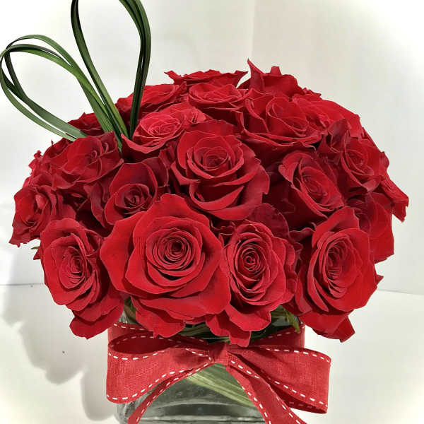 Compact arrangement of red roses in a glass cube vase with red ribbon and looped grass accent