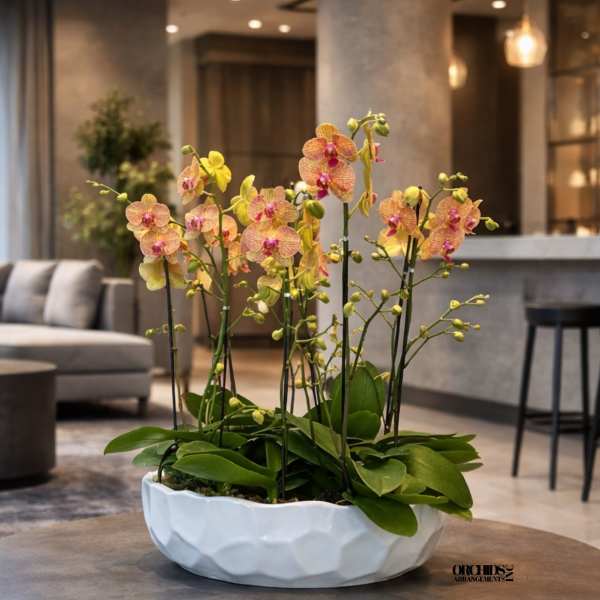 Low white bowl of yellow and pink orchids on a round gray table in a modern lobby.