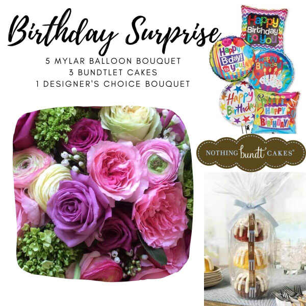 Birthday gift set with balloons, flowers, and bundled cakes