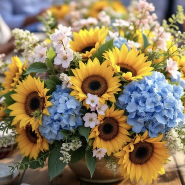 Sunflowers and blue hydrangeas in a low arrangement