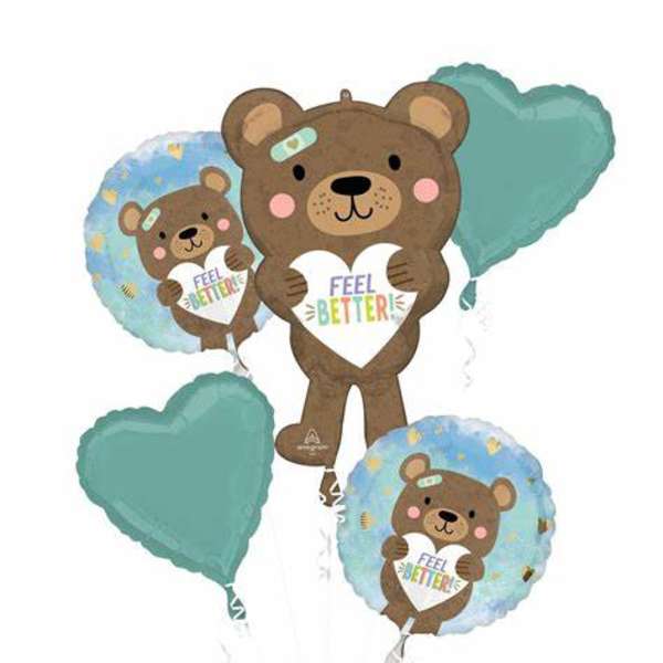 Bear-themed balloons with "Feel Better" messages in teal and blue