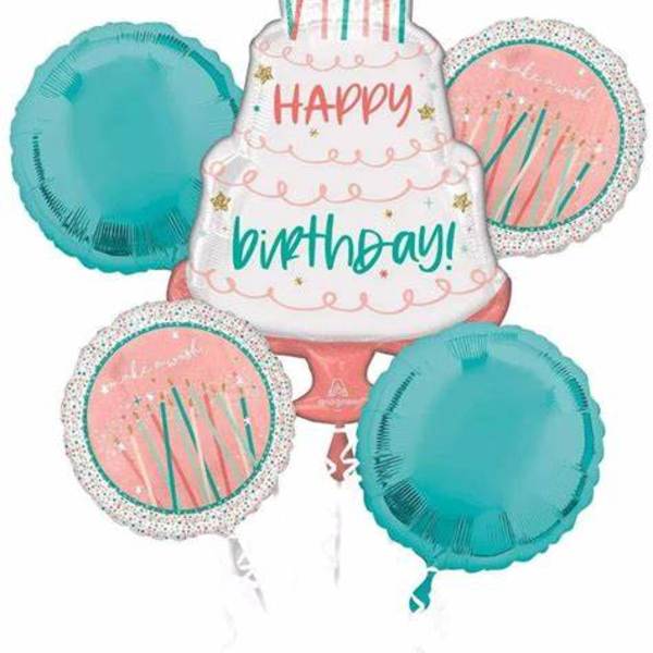 Birthday cake-shaped balloon bouquet with teal and pink balloons