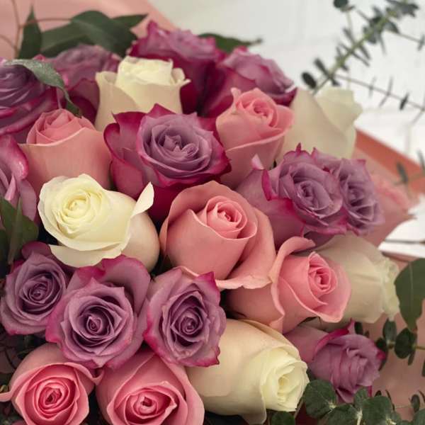 Bouquet of pink, purple, and white roses wrapped in blush paper