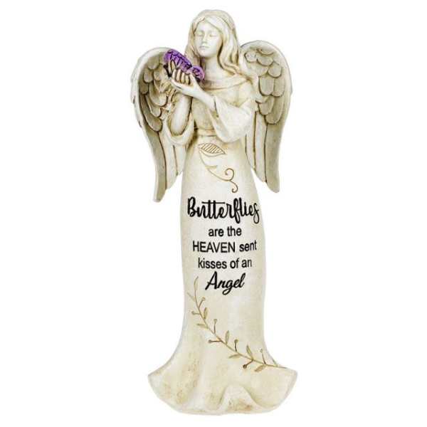 Angel figurine holding a purple butterfly with a memorial message