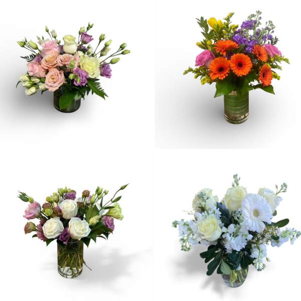 Four mixed flower arrangements in clear glass vases with pastel and bright colors on a white background