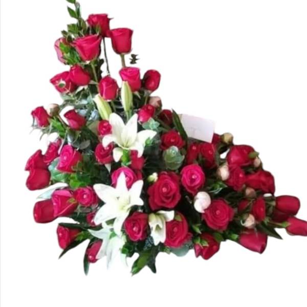 Large bouquet of red roses and white lilies