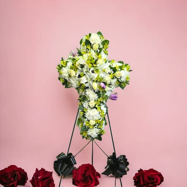 Funeral arrangement with Hydrangeas, Lilies, Roses, Tulips
