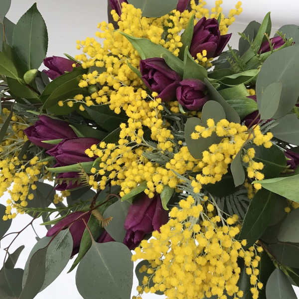 Bouquet of purple tulips with bright yellow mimosa